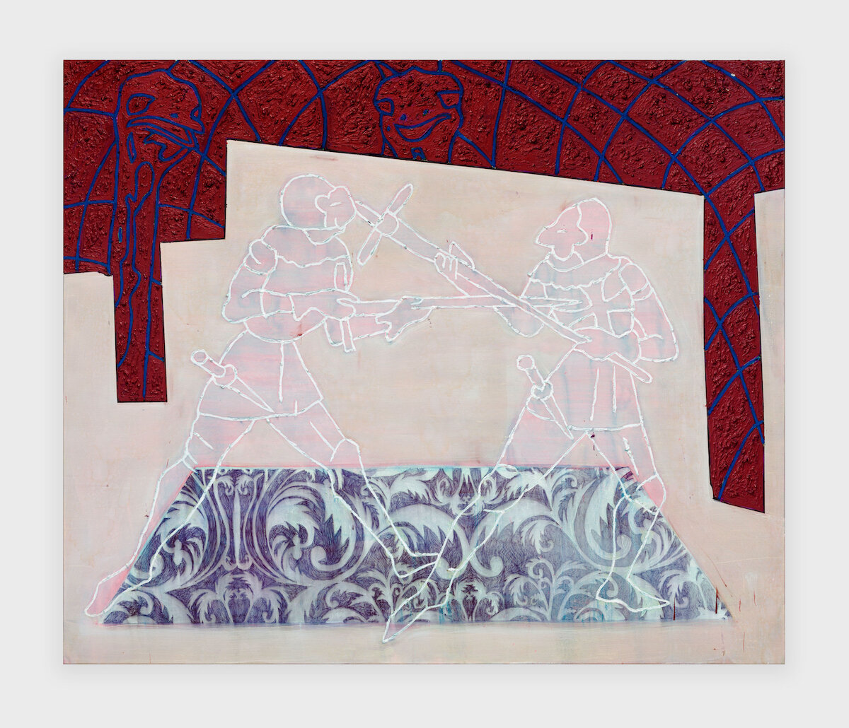 Christoph Matthes, <i>Nicht dabei sein ist alles</i>, 2024. Ballpen, rabbitskinglue, pigments, acrylic and oil on canvas, 74 3/4 x 63 in (190 x 160 cm).